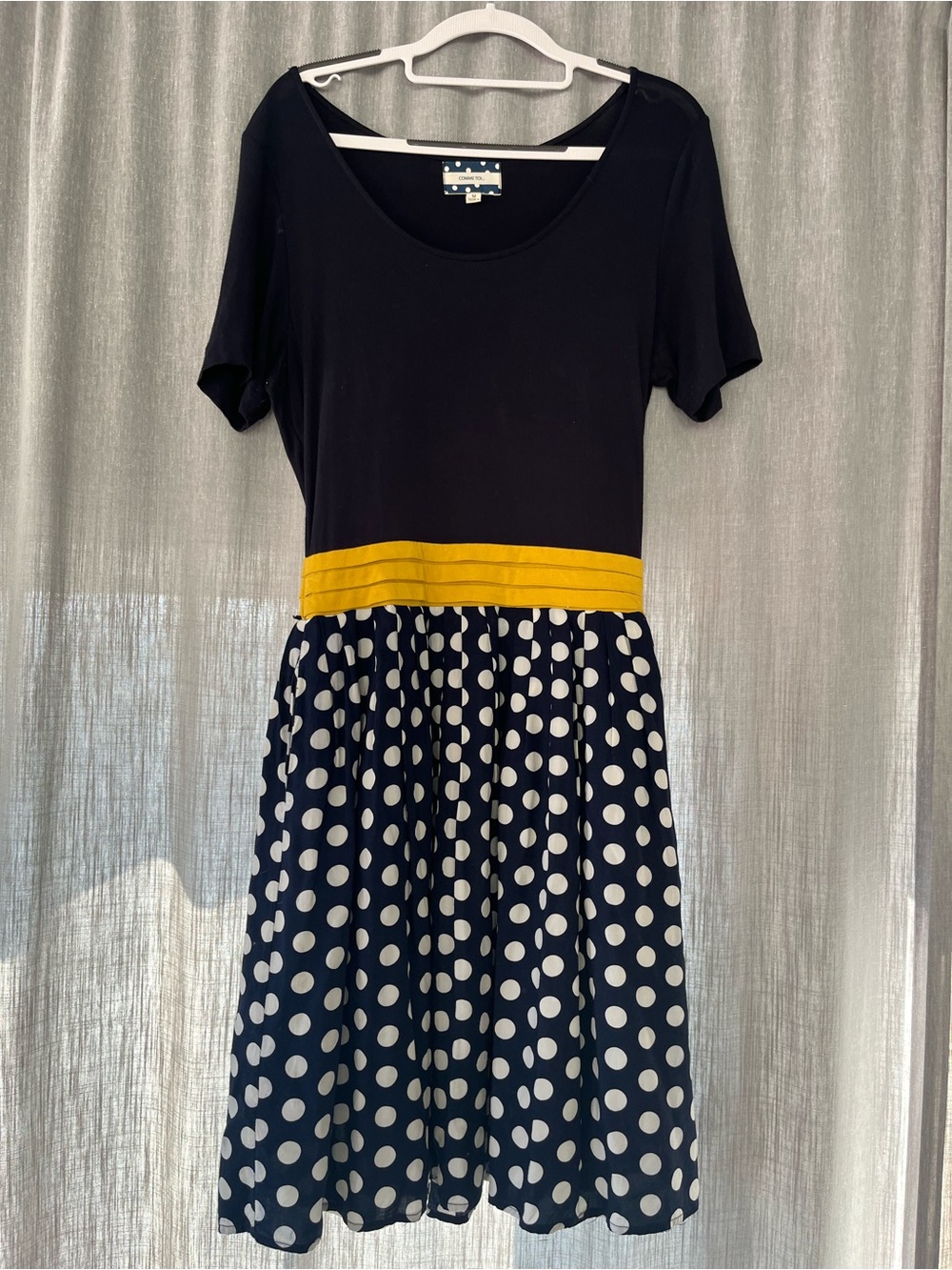Polka Dot Navy Midi Dress with Yellow Waistband